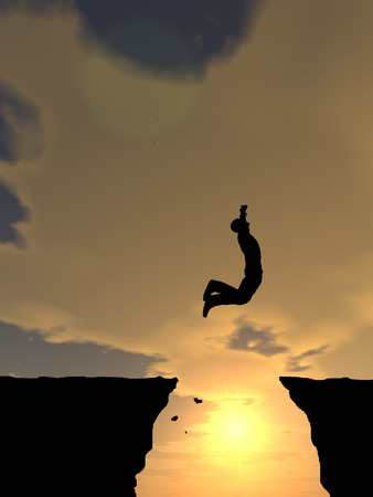 Concept or conceptual young 3D man or businessman silhouette jump happy from cliff over  gap sunset or sunrise sky backgroundの写真素材