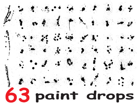Vector very large collection or set of 63 artistic black paint hand made creative wet dirty ink drop spots isolated on white backgroundのイラスト素材