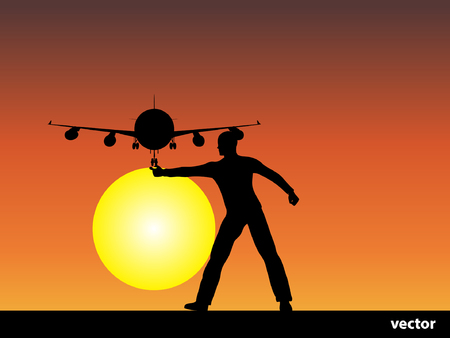 Conceptual man or businessman black silhouette over a sunset sky background with a plane or jet flyingのイラスト素材