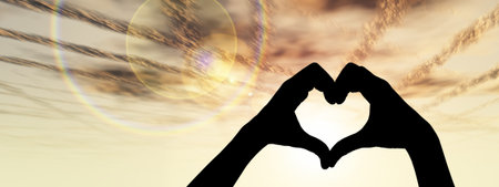 Concept or conceptual heart shape or symbol made of human or woman and man hand silhouette over a...