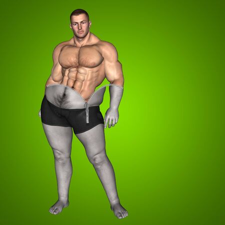 Conceptual 3D fat overweight vs slim fit diet muscles zipper young man green gradient backgroundの写真素材