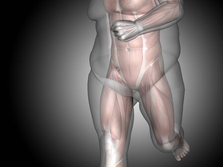 Concept or conceptual 3D fat overweight vs slim fit diet with muscles young man gray gradient backgroundの写真素材