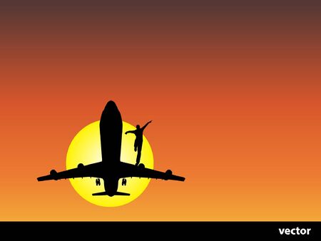 Conceptual man or businessman black silhouette over a sunset sky background with a plane or jet flyingのイラスト素材