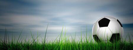 Conceptual 3D soccer ball in fresh green summer or spring field grass with a blue sky background bannerの写真素材