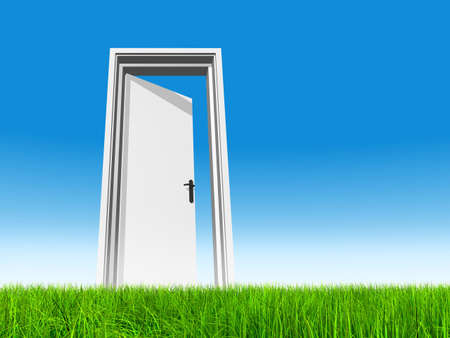 Conceptual white door in green grass with sky backgroundの写真素材