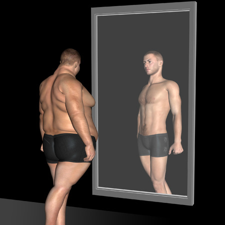 Concept or conceptual 3D fat overweight vs slim fit with muscles young man on diet reflecting in a mirrorの写真素材