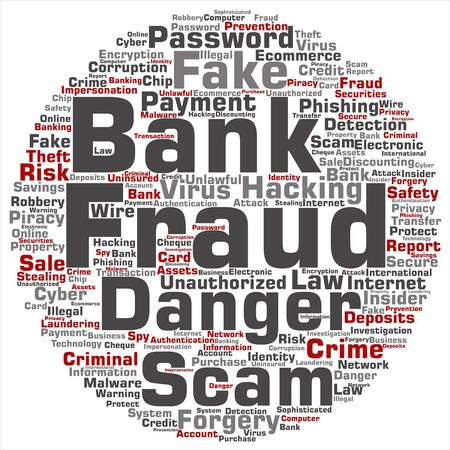 Vector concept or conceptual bank fraud payment scam danger round word cloud isolated on background metaphor to password hacking, virus fake authentication crime, illegal transaction identity theftのイラスト素材