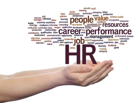 Concept conceptual hr or human resources management abstract word cloud in hand isolatedの写真素材