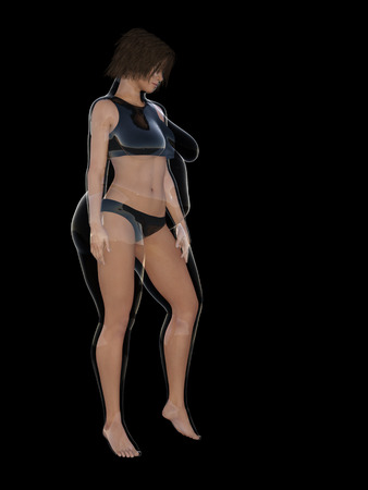 Conceptual fat overweight obese female vs slim fit healthy body after weight loss or diet with muscles thin young woman isolatedの写真素材