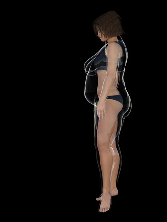 Conceptual fat overweight obese female vs slim fit healthy body after weight loss or diet with muscles thin young woman isolatedの写真素材