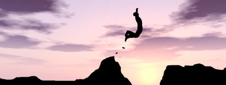 Conceptual business man silhouette jumping at sunset sky background banner