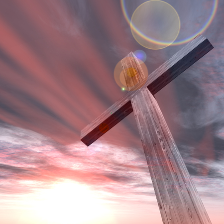 3D illustration conceptual wood cross or religion symbol shape over a sunset sky with clouds background for God, Christ, Christianity, religious, faith, holy, spiritual, Jesus, belief or resurectionの写真素材