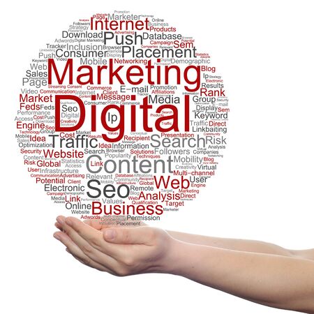 Concept or conceptual digital marketing seo or traffic word cloud in hand isolatedの写真素材