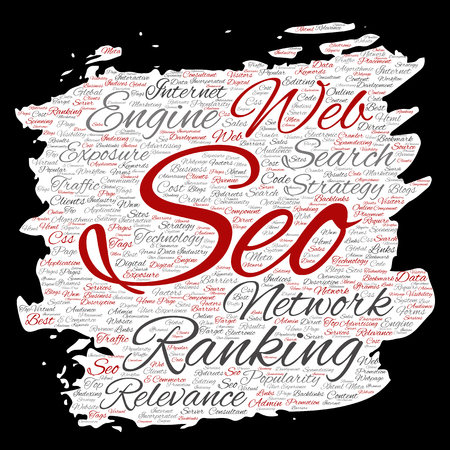 Vector conceptual search results engine optimization top rank, seo brush or paper online internet word cloud text isolated on background. Marketing strategy web page content relevance network conceptのイラスト素材
