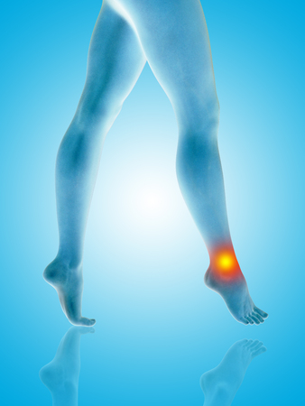Conceptual beautiful woman or girl legs and feet with a hurt ankle pain or ache closeup, 3D illustration of human slim fit body medical or health care concept, painful sport injury on blue backgroundの写真素材