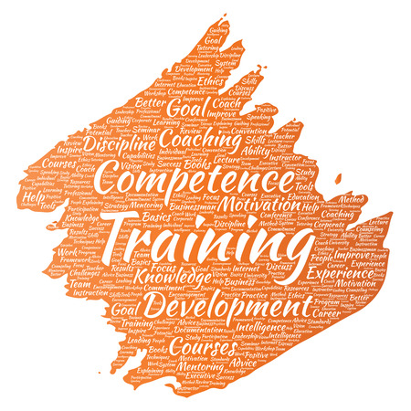 Vector conceptual training, coaching or learning, study paint brush word cloud isolated on background. Collage of mentoring, development, motivation skills, career, potential goals or competenceのイラスト素材