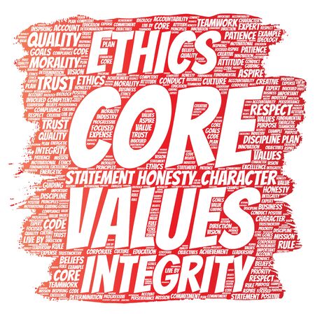 Conceptual core values integrity ethics paint brush concept word cloud isolated background. Collage of honesty quality trust, statement, character, perseverance, respect and trustworthyの写真素材