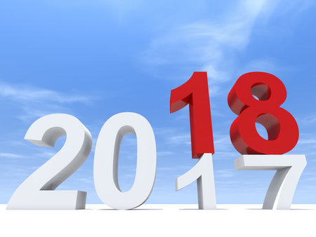 2018 white and red abstract happy new year eve, holiday symbol or number on 2017 text on white snow...