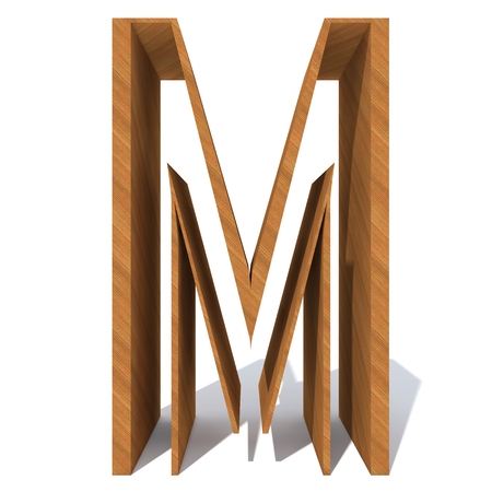 Conceptual wood or wooden brown font or type, timber or lumber industry piece isolated on white background. Educative hadwood material, smooth surface pine handmade sculpted object as 3D illustrationの写真素材