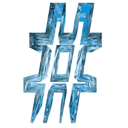 Conceptual blue light cold frosted water or ice winter season font isolated on white snow background. Cool crystal decorative character cut of frozen liquid, transpaernt 3D illustration conceptの写真素材