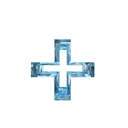 Conceptual blue light cold frosted water or ice winter season font isolated on white snow background. Cool crystal decorative character cut of frozen liquid, transpaernt 3D illustration conceptの写真素材