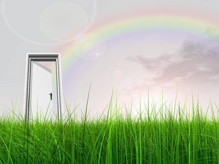 White door in green grass with sky backgroundの写真素材