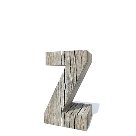 Conceptual wood or wooden brown font or type, timber or lumber industry piece isolated on white background. Educative hadwood material, surface vintage old handmade sculpted object as 3D illustrationの写真素材