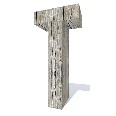 Conceptual wood or wooden brown font or type, timber or lumber industry piece isolated on white background. Educative hadwood material, surface vintage old handmade sculpted object as 3D illustrationの写真素材