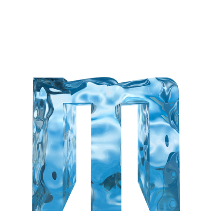 Conceptual blue light cold frosted water or ice winter season font isolated on white snow background. Cool crystal decorative character cut of frozen liquid, transpaernt 3D illustration conceptの写真素材