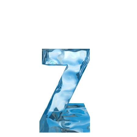 Conceptual blue light cold frosted water or ice winter season font isolated on white snow background. Cool crystal decorative character cut of frozen liquid, transpaernt 3D illustration conceptの写真素材