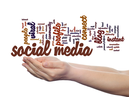 Concept or conceptual social media marketing abstract word cloud in hands isolatedの写真素材