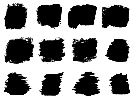 Vector collection or set of artistic black paint, ink or acrylic hand made creative brush stroke backgrounds isolated on white as grunge or grungy art, education abstract elements frame designのイラスト素材