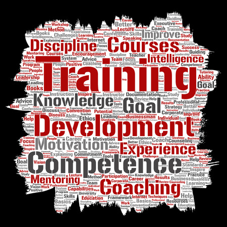 Vector conceptual training, coaching or learning, study paint brush paper word cloud isolated on background. Collage of mentoring, development, motivation skills, career, potential goals or competenceのイラスト素材