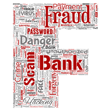 Vector conceptual bank fraud payment scam danger letter font F word cloud isolated background. Collage of password hacking, virus fake authentication, illegal transaction or identity theft concept.のイラスト素材