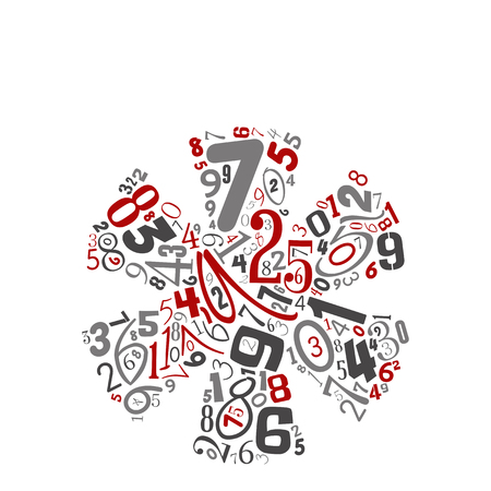 Vector conceptual red, gray and black playful funny education font made of number collection or group on character shapes isolated on white background. A modern art alphabet learning element designのイラスト素材