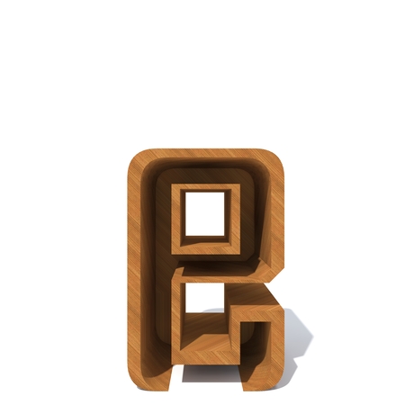 Conceptual wood or wooden brown font or type, timber or lumber industry piece isolated on white background. Educative hadwood material, smooth surface pine handmade sculpted object as 3D illustrationの写真素材
