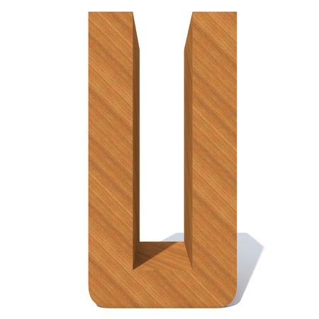 Conceptual wood or wooden brown font or type, timber or lumber industry piece isolated on white background. Educative hadwood material, smooth surface pine handmade sculpted object as 3D illustrationの写真素材