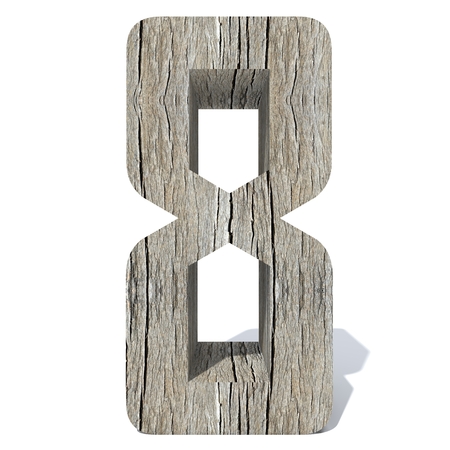 Conceptual wood or wooden brown font or type, timber or lumber industry piece isolated on white background. Educative hadwood material, surface vintage old handmade sculpted object as 3D illustrationの写真素材