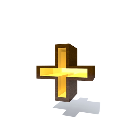 Conceptual wood or wooden brown font or type with gold or golden metal interior isolated on white background. Educative hadwood material, smooth surface mahogany handmade rich 3D illustration objectの写真素材