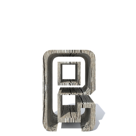 Conceptual wood or wooden brown font or type, timber or lumber industry piece isolated on white background. Educative hadwood material, surface vintage old handmade sculpted object as 3D illustrationの写真素材