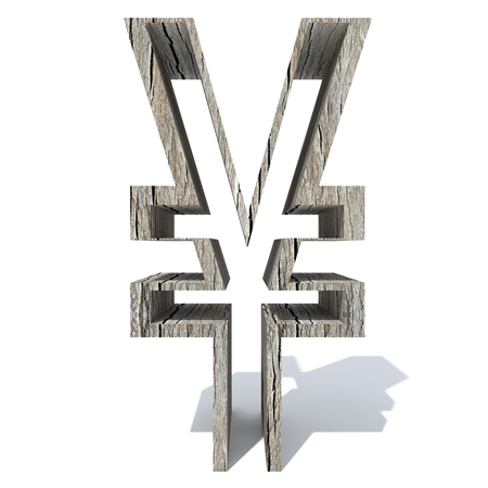 Conceptual wood or wooden brown font or type, timber or lumber industry piece isolated on white background. Educative hadwood material, surface vintage old handmade sculpted object as 3D illustrationの写真素材