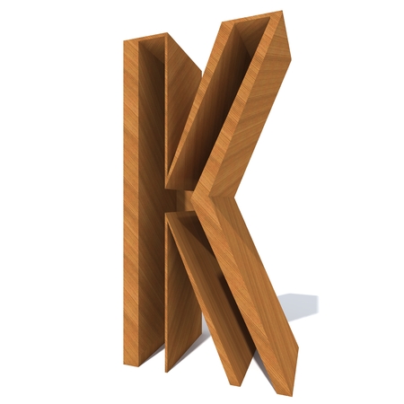 Conceptual wood or wooden brown font or type, timber or lumber industry piece isolated on white background. Educative hadwood material, smooth surface pine handmade sculpted object as 3D illustrationの写真素材