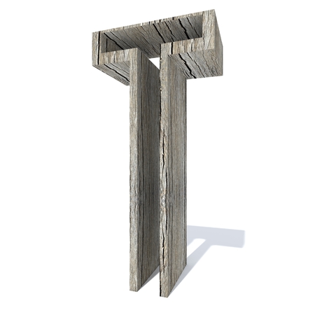 Conceptual wood or wooden brown font or type, timber or lumber industry piece isolated on white background. Educative hadwood material, surface vintage old handmade sculpted object as 3D illustrationの写真素材