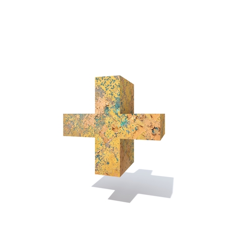 Conceptual old rusted metal font or type, iron or steel industry piece isolated white background. Educative rusty material, aged vintage surface, worn damaged paint as 3D illustration rough surfaceの写真素材