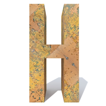 Conceptual old rusted metal font or type, iron or steel industry piece isolated white background. Educative rusty material, aged vintage surface, worn damaged paint as 3D illustration rough surfaceの写真素材