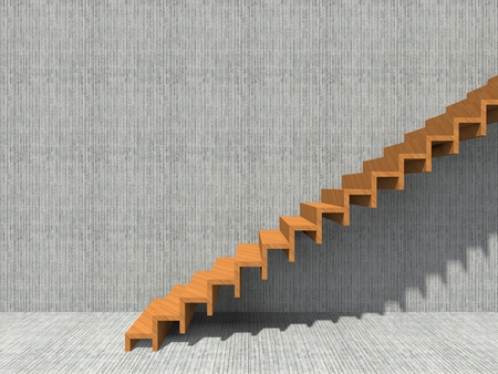 Conceptual stair on wall background building or architecture as metaphor to business success, growth, progress or achievement. 3D illustration of creative steps riseing up to the top as vision designの写真素材