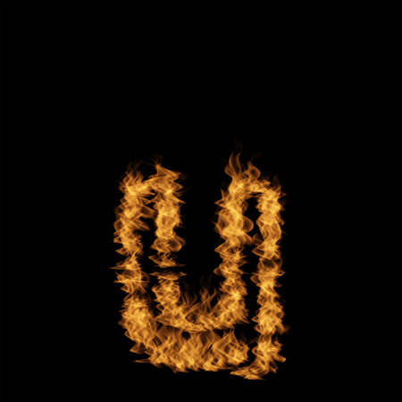 Conceptual hot fiery burning flame font made of blazing or raging orange yellow fire isolated on black background. 3D illustration of abstract grungy glowing hell or inferno danger concept energy designの写真素材