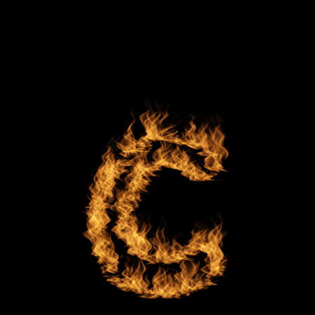 Conceptual hot fiery burning flame font made of blazing or raging orange yellow fire isolated on black background. 3D illustration of abstract grungy glowing hell or inferno danger concept energy designの写真素材