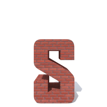 Conceptual red heavy rough masonry constructed font or type, brick construction industry piece isolated white background. Educative architecture material, aged texture surface 3D illustration designの写真素材