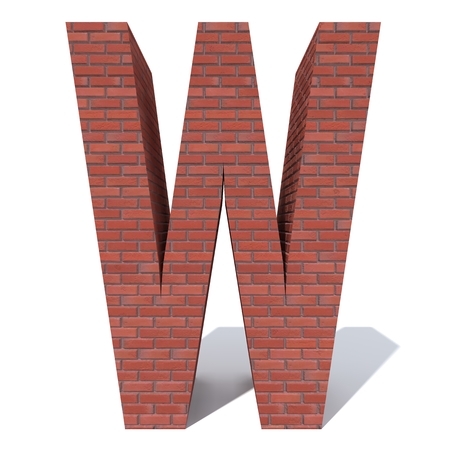 Conceptual red heavy rough masonry constructed font or type, brick construction industry piece isolated white background. Educative architecture material, aged texture surface 3D illustration designの写真素材